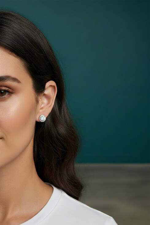 925 Silver & VVS1 Moissanite Round Cut Halo Stud Earrings  925 Silver Round Halo Moissanite Stud Earrings